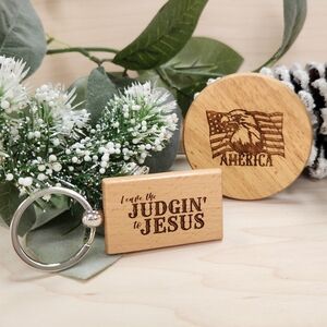America & Jesus Gift Set * Laser Engraved Wood Keychain And Magnet Bottle Opener